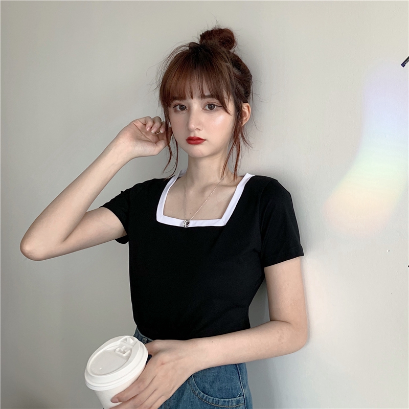 SUXI Áo Thun Tay Ngắn Cổ Vuông Màu Trơn Quyến Rũ Dành Cho Nữ