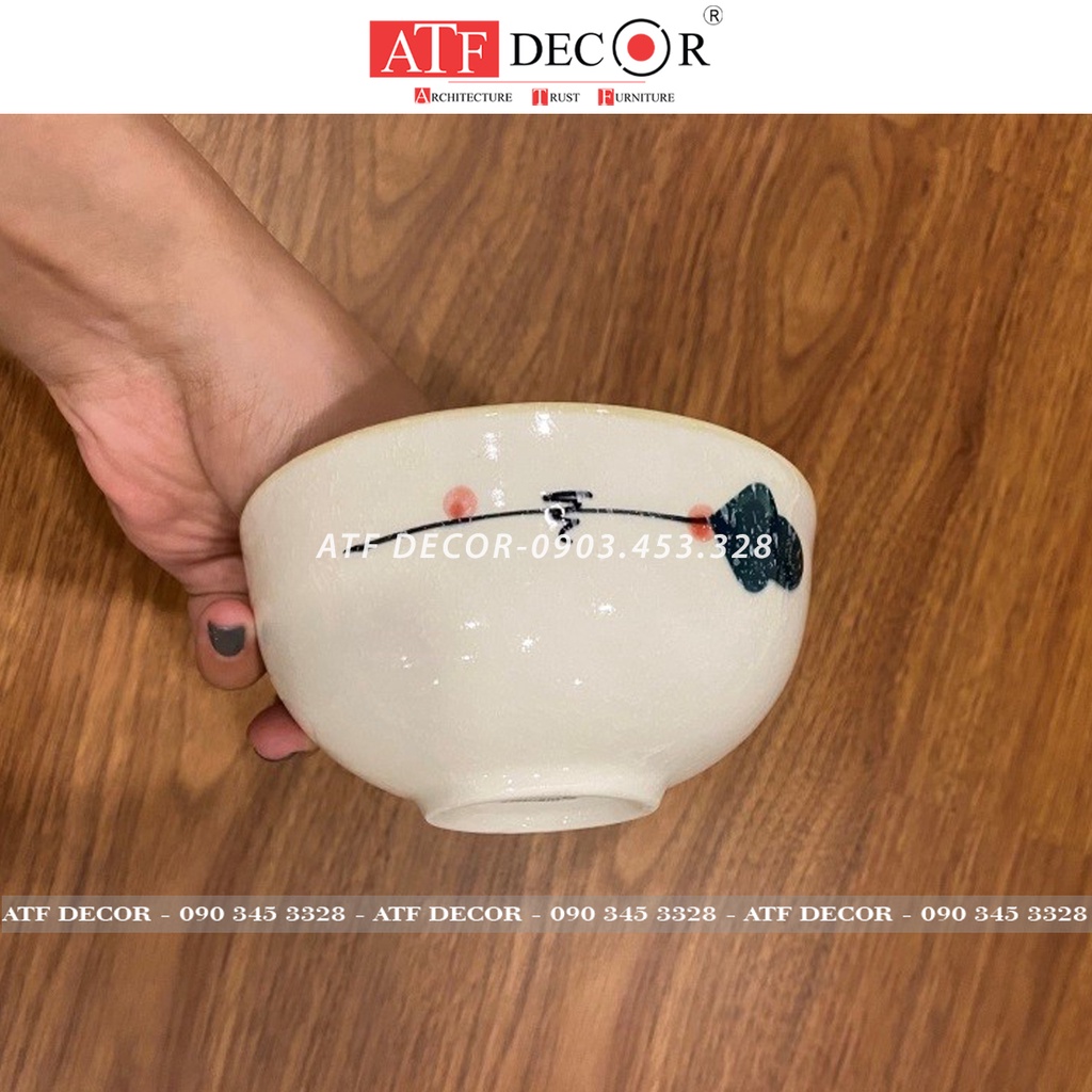 Bộ bát ăn, chén cơm, bát ăn cơm men kem sứ Bát Tràng (HÀNG CAO CẤP) vẽ hoa cherry - ATF Decor