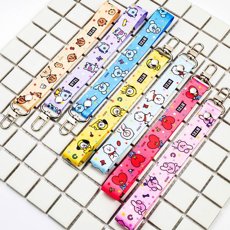 Móc khóa dây KPOP BTS BT21 Cartoons  Printed Keychain Wristlet For Key Chain Lanyard Long Hanging Strap Key Rings Charms DIY Jewelry Accessory COOKY KOYA MANG RJ SHOOKY TATA