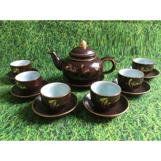 Bộ bình trà 💝 Freeship 💝 ấm trà in chữ Bộ ấm chén có 01 ấm, 06 chén, 07 đĩa tráng men cao cấp