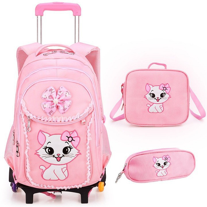 BAlo kéo Hello Kitty dành cho học sinh nữ, Cặp học sinh dành cho be gái - Chống nước nhẹ - Hàng cao cấp