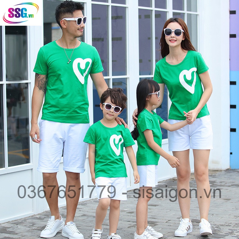 Áo gia đình, Đồng phục gia đình, nhóm 3,4,5 người áo thun coton dày dặn, mát mịn - in trái tim lớn
