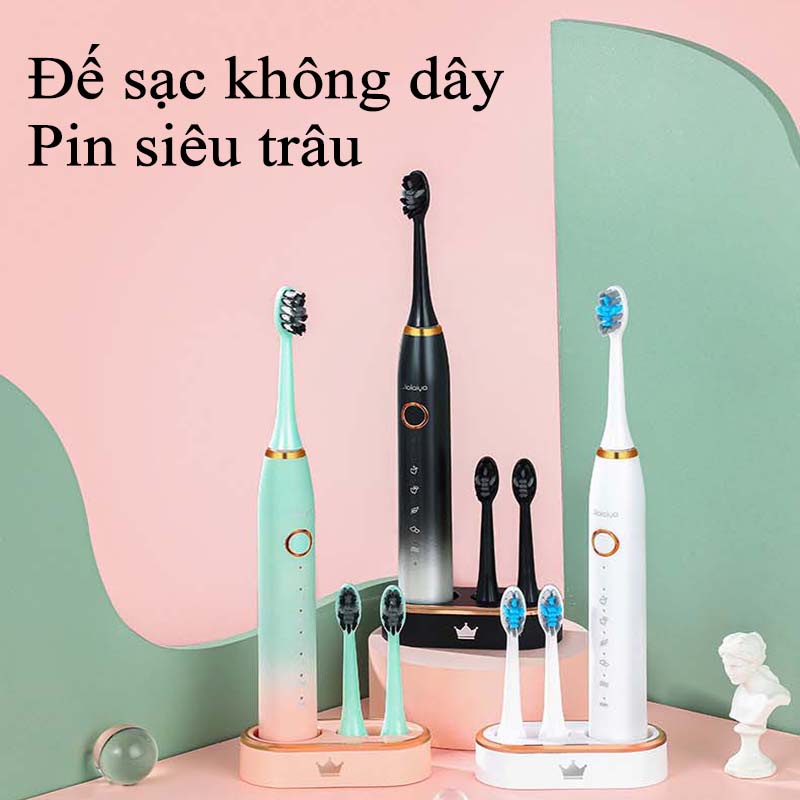 Bàn Chải Điện Tự Động 5 in 1 Cao Cấp JIALAIYA X100 Tẩy Trắng Răng Máy Đánh Răng Lông Mềm Cho Bé Tặng 5 Đầu Bàn Chải Điện