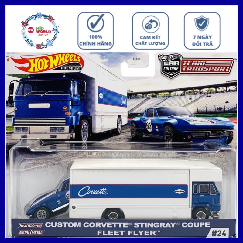 Xe mô hình Hot Wheels Car Culture Team Transport Pack Custom Corvette Stingray Coupe Fleet Flyer GJT41, bánh cao su.