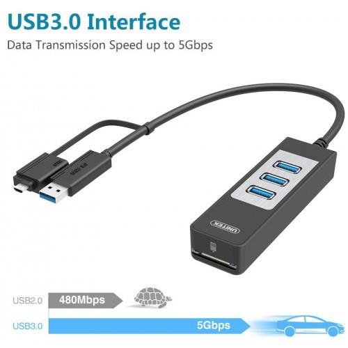 HUB CHIA USB 3.0 TỪ 1 RA 3 CỔNG + ĐỌC THẺ NHỚ SD CÓ ĐẦU CHUYỂN ĐỔI USB SANG OTG UNITEK Y 3048A CHIA CỔNG USB