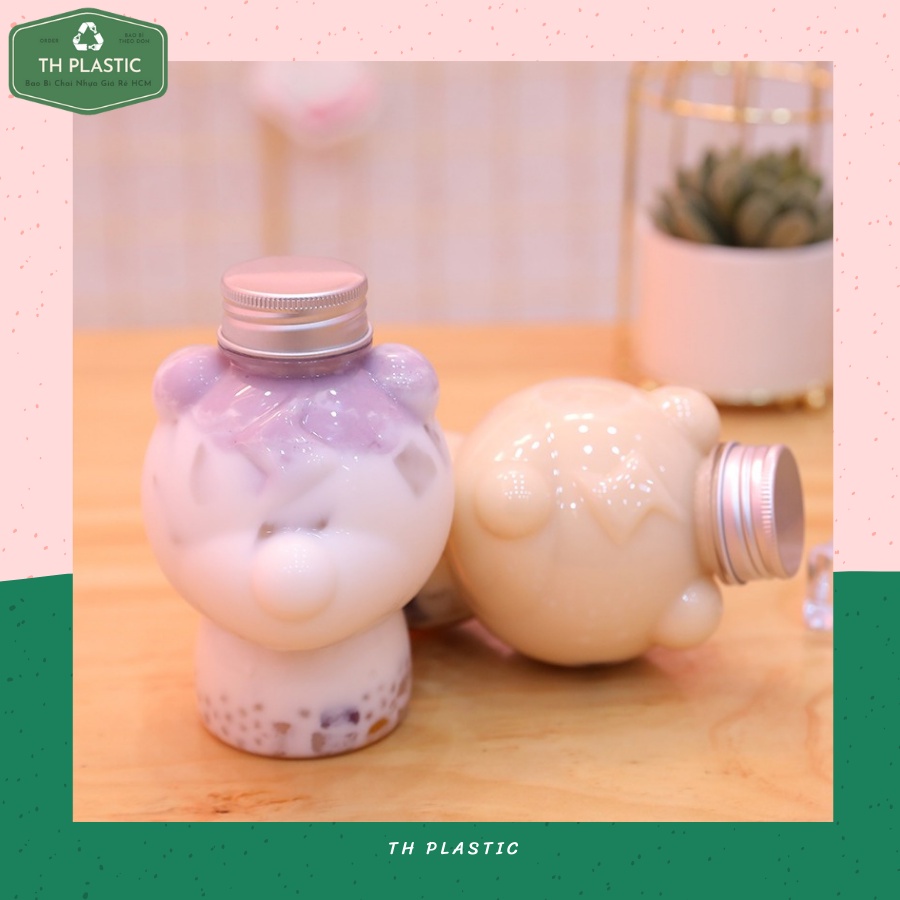 Chai nhựa đựng trà sữa hình gấu sấm sét trong suốt chai nhựa rỗng 400ml đựng nước uống giải khát TH Plastic
