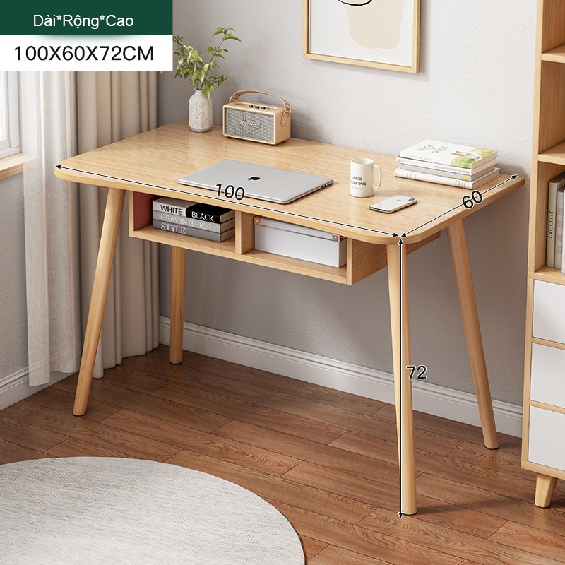 Bàn làm việc tích hợp hộc tủ để đồ tiện lợi chân gỗ tự nhiên chắc chắn, bàn học bền bỉ màu trắng gỗ MDF cao cấp