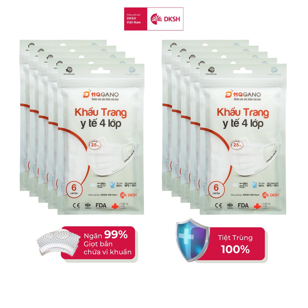 Combo 8 Gói khẩu trang y tế quai thun 4 lớp HQGANO  kháng khuẩn, đạt chuẩn xuất khẩu, không mùi, chất liệu cực mềm mại