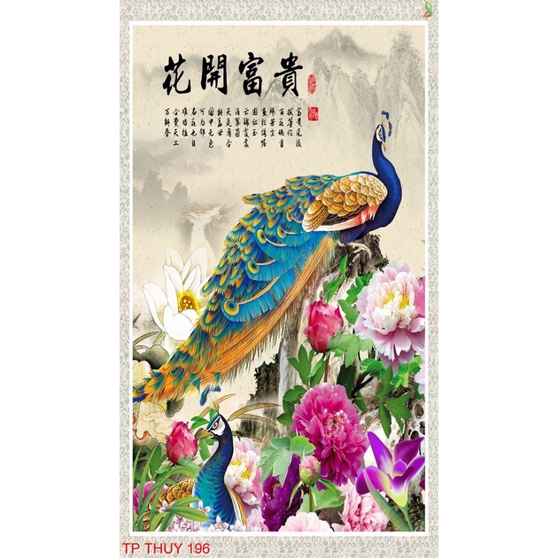 Tranh dán tường 3D phong thủy, thu hút tài lộc, mẫu dọc