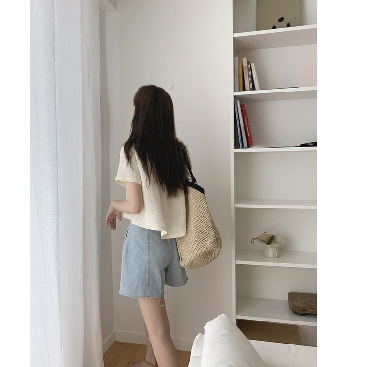 Áo Thun Tay Ngắn Cổ Tròn Màu Sắc Đơn Giản Phong Cách Hàn Quốc