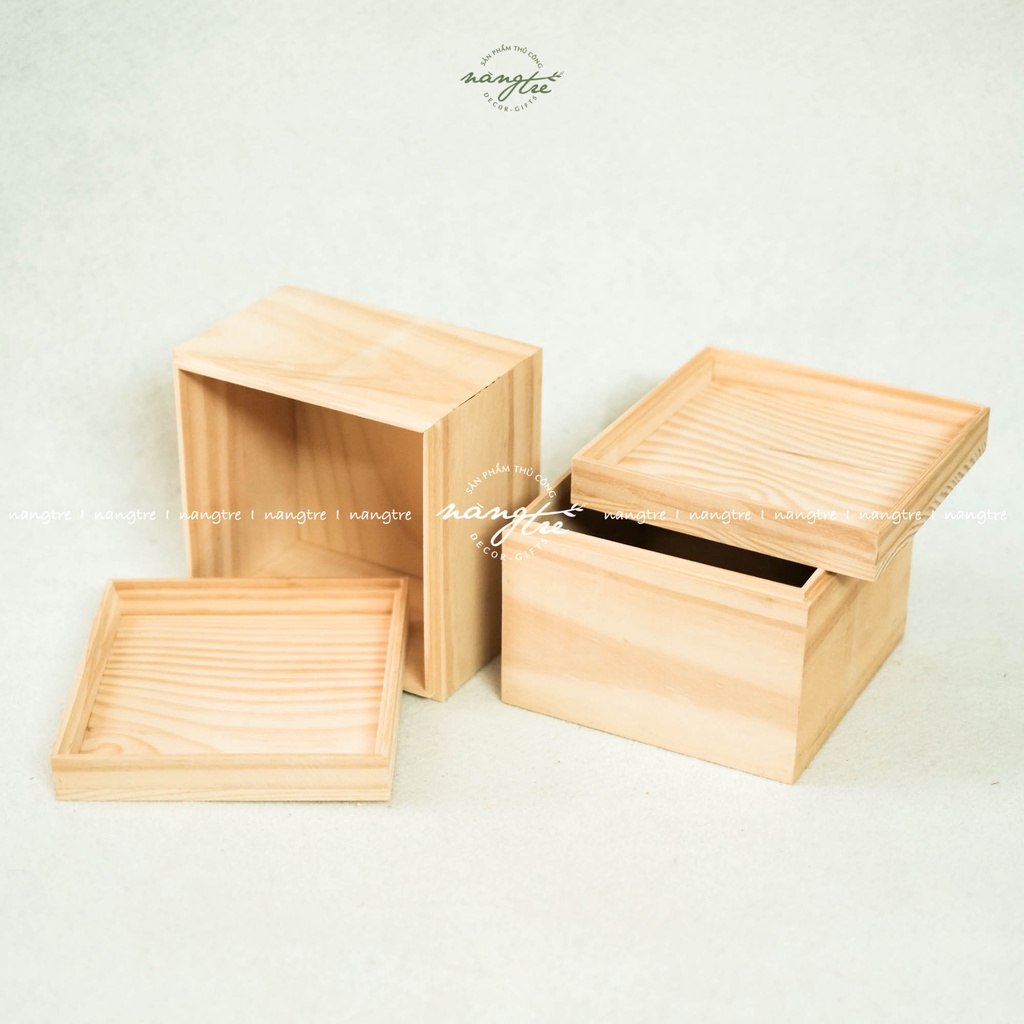 Hộp gỗ vuông nắp đậy, square wooden box