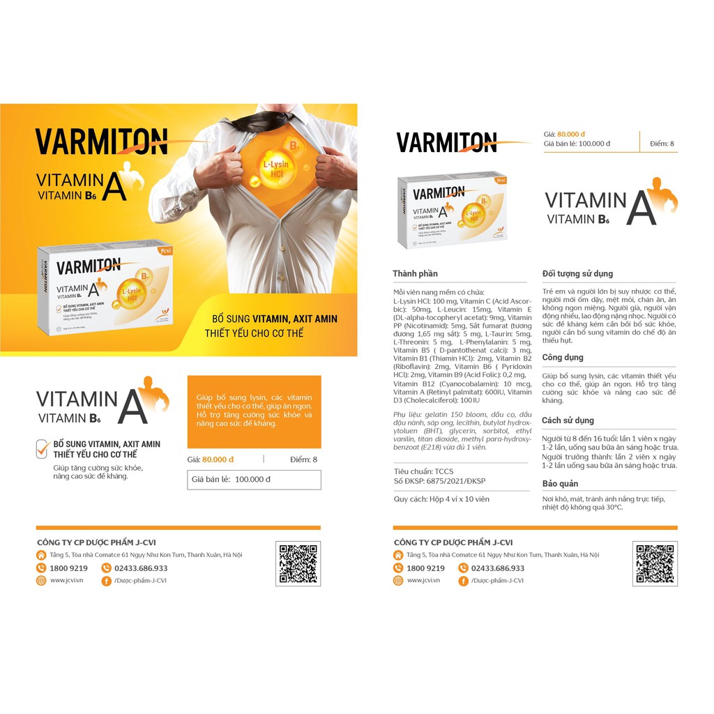 Varmiton - Bổ sung vitamin acid amin thiết yếu, tăng sức đề kháng, tăng cường sức khỏe cho cơ thể (Hộp 40 viên)