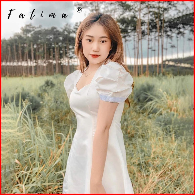 Đầm dự tiệc dáng xòe tay ngắn phối ren cổ tay - F019