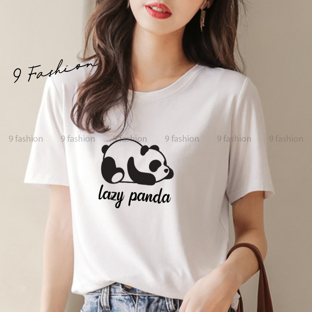 Áo thun unisex 9 Fashion T07 áo thun tay ngắn cổ lọ cotton vải mềm, không xù lông in hình LAZY PANDA