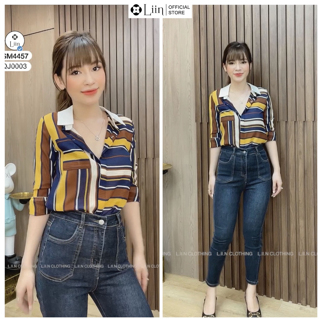 Áo sơ mi nữ kẻ dài tay 3 màu cách điệu trẻ trung, kiểu dáng thời thượng Liin Clothing SM4457