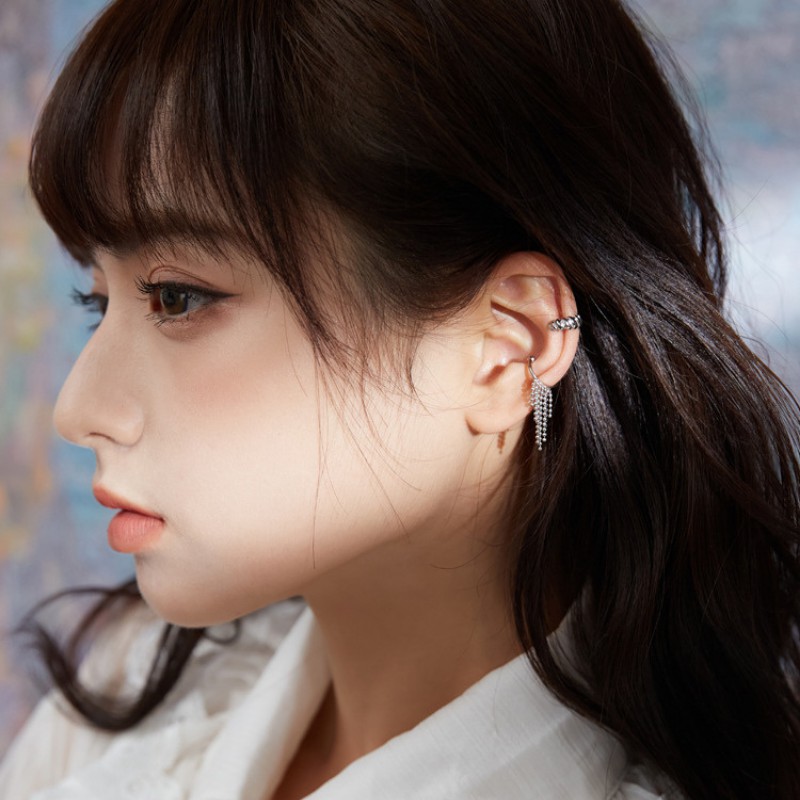 Bông Tai Bạc S925 Bộ 2 Ear Cuff Kẹp Vành Tua Rua &amp; Khoen C Bất Đối Xứng Trẻ Trung Cá Tính | Khuyên Tai Nữ Trang Sức Bạc