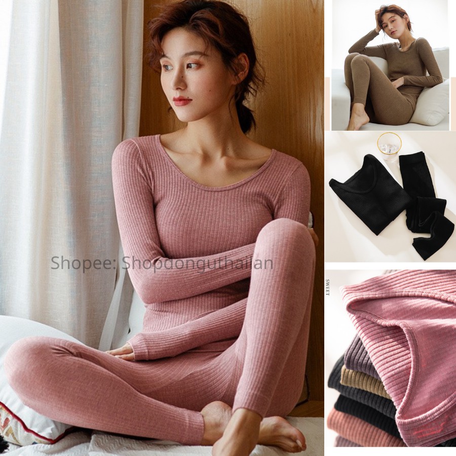 Bộ len tăm giữ nhiệt thu đông nữ bộ ngủ ở nhà siêu ấm áp, co giãn 4 chiều
