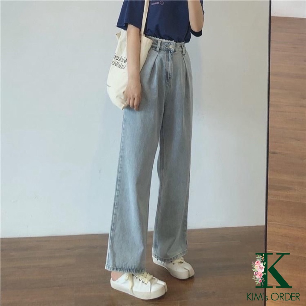 Quần jean nữ ống suông phối cạp ren lưng cao dáng rộng màu xanh nhạt đủ size phong cách Ulzzang Hàn Quốc chất co dãn đẹp
