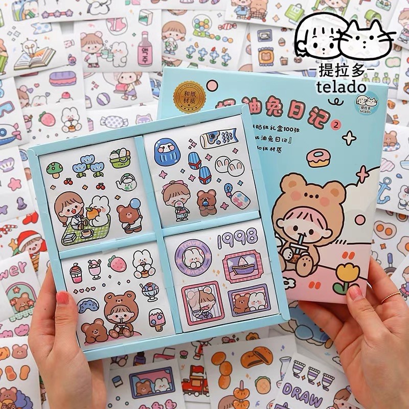 Hộp 100 tờ stickers giấy PET PVC dễ thương không trùng mẫu (hàng mới)