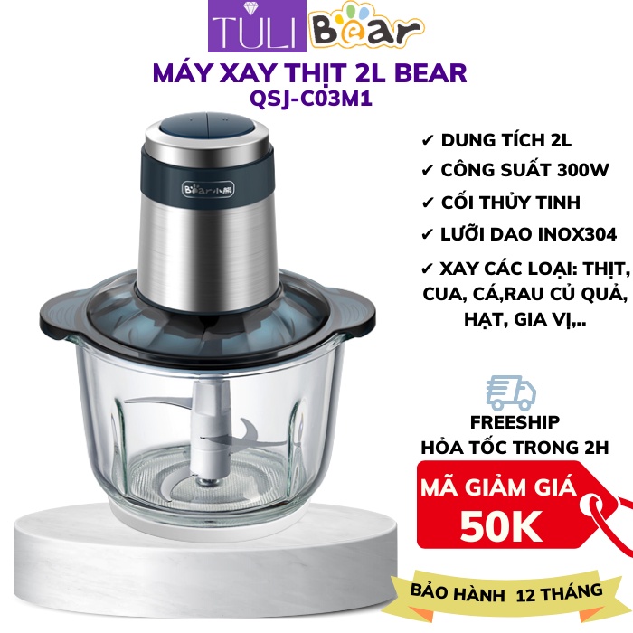 Máy Xay Thịt Đa Năng_Máy Xay Thực Phẩm-Tỏi Ớt-Rau Củ_ Bear QSJ-C03M1 2L_Cam Kết Bảo Hành Chính Hãng 18 Tháng