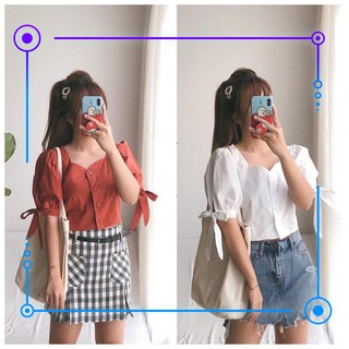 Tuyệt 🌙[reikoshoppu2020] 11327b1 Áo sơ mi croptop tay bồng thắt nơ hàn quốc đẹp