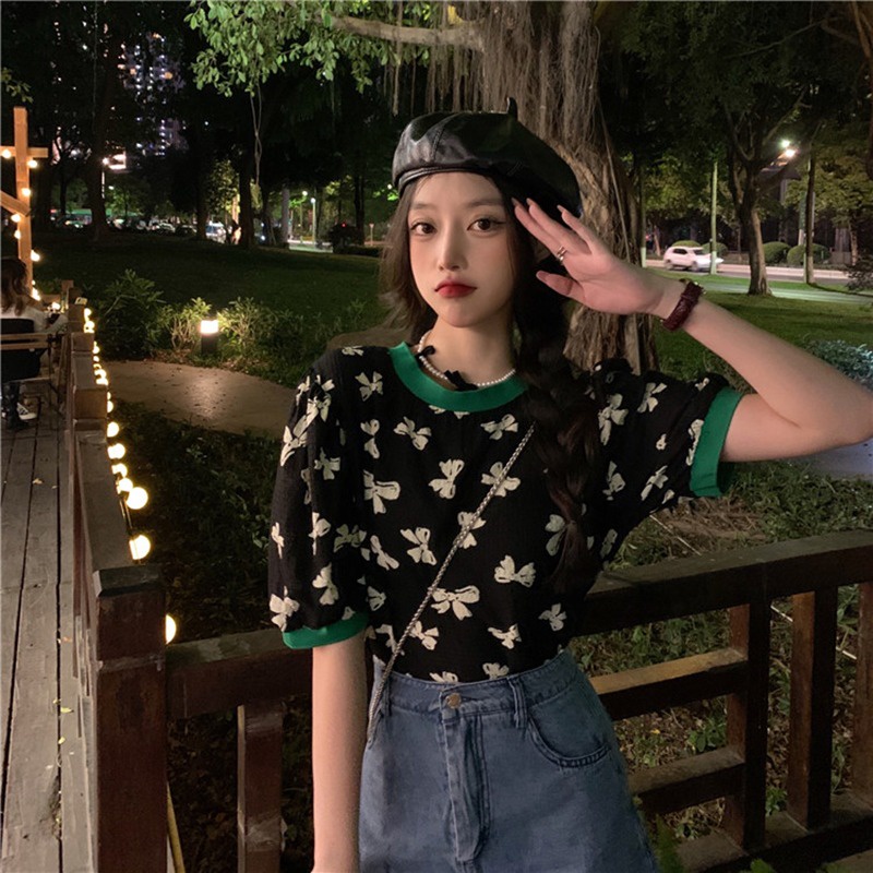 Áo thun ZHELIHANGFEI tay phồng ngắn dáng rộng in hình nơ thời trang hè mới 2022 cho nữ