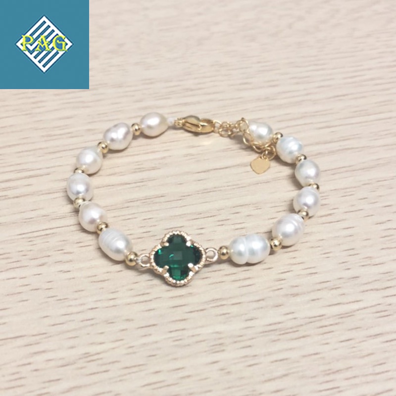 Vòng Tay Pearl Nước Ngọt AAA Mix Cỏ Bốn Lá Xinh Xắn