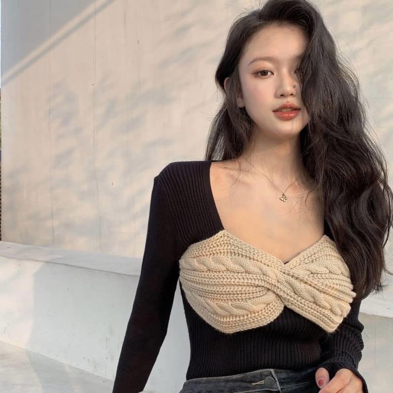 Áo Dệt Kim Tay Dài Cổ Chữ V Thời Trang Hàn Quốc Cho Nữ