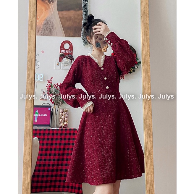 Đầm dạ tweed đỏ ren cổ cúc ngọc (ảnh thật shop chụp kèm video) | BigBuy360 - bigbuy360.vn