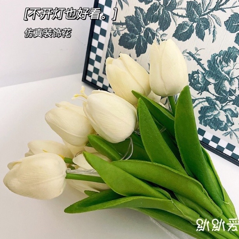 Bó 10 bông hoa tuylip đèn led phát sáng Hoa lụa giả kèm nơ xinh Decor trang trí nhà cửa, phụ kiện chụp studio