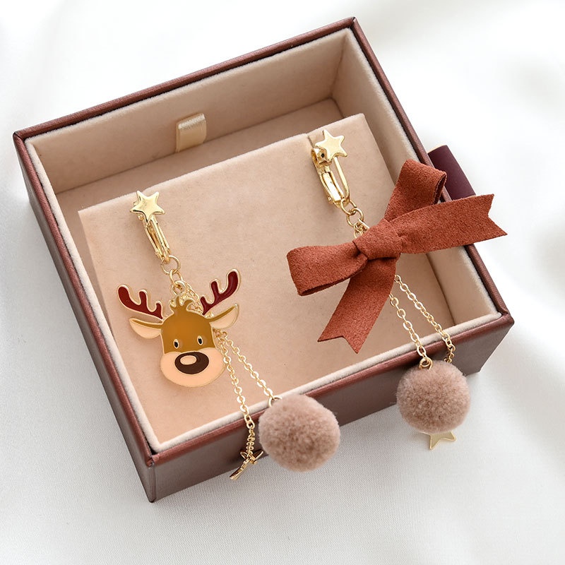 Đôi bông tai dáng dài hình tuần lộc nơ phong cách giáng sinh Hàn Quốc