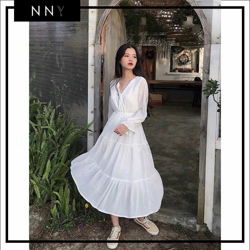 Váy maxi trắng xòe tay dài full lót - V013