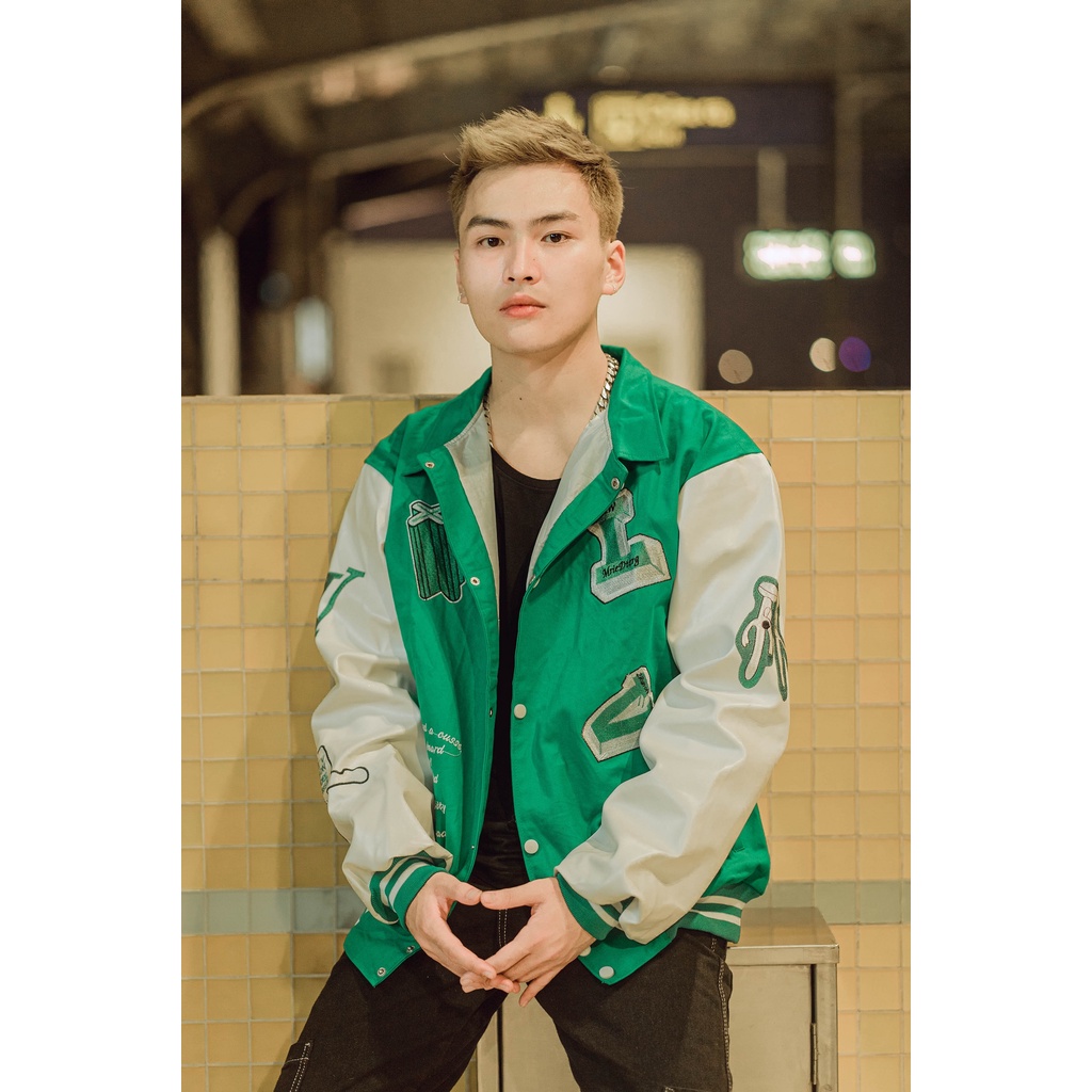 Áo bomber kaki phối tay da form unisex nam nữ Thêu LV tay Da [LV0016]