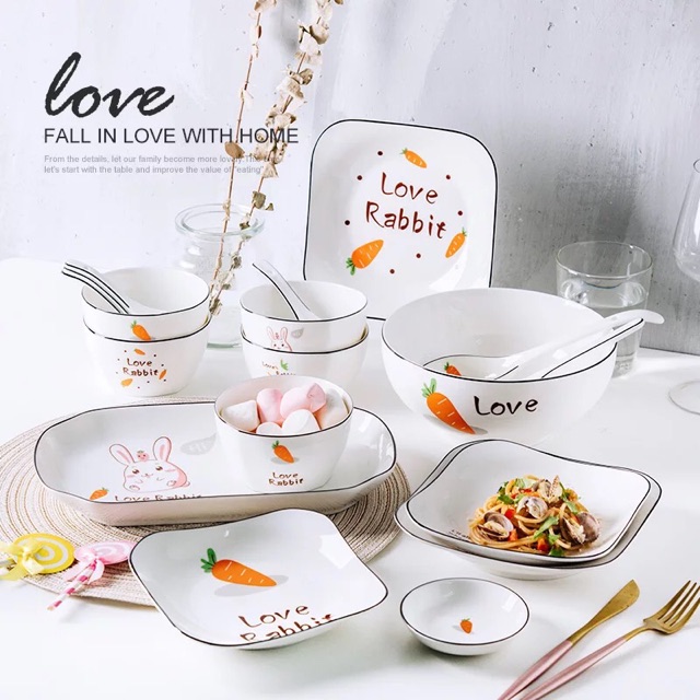 Đĩa sứ, bát sứ, thìa sứ, tô sứ hình LOVE RABBIT chú thỏ tinh nghịch ( bán lẻ) - VS379