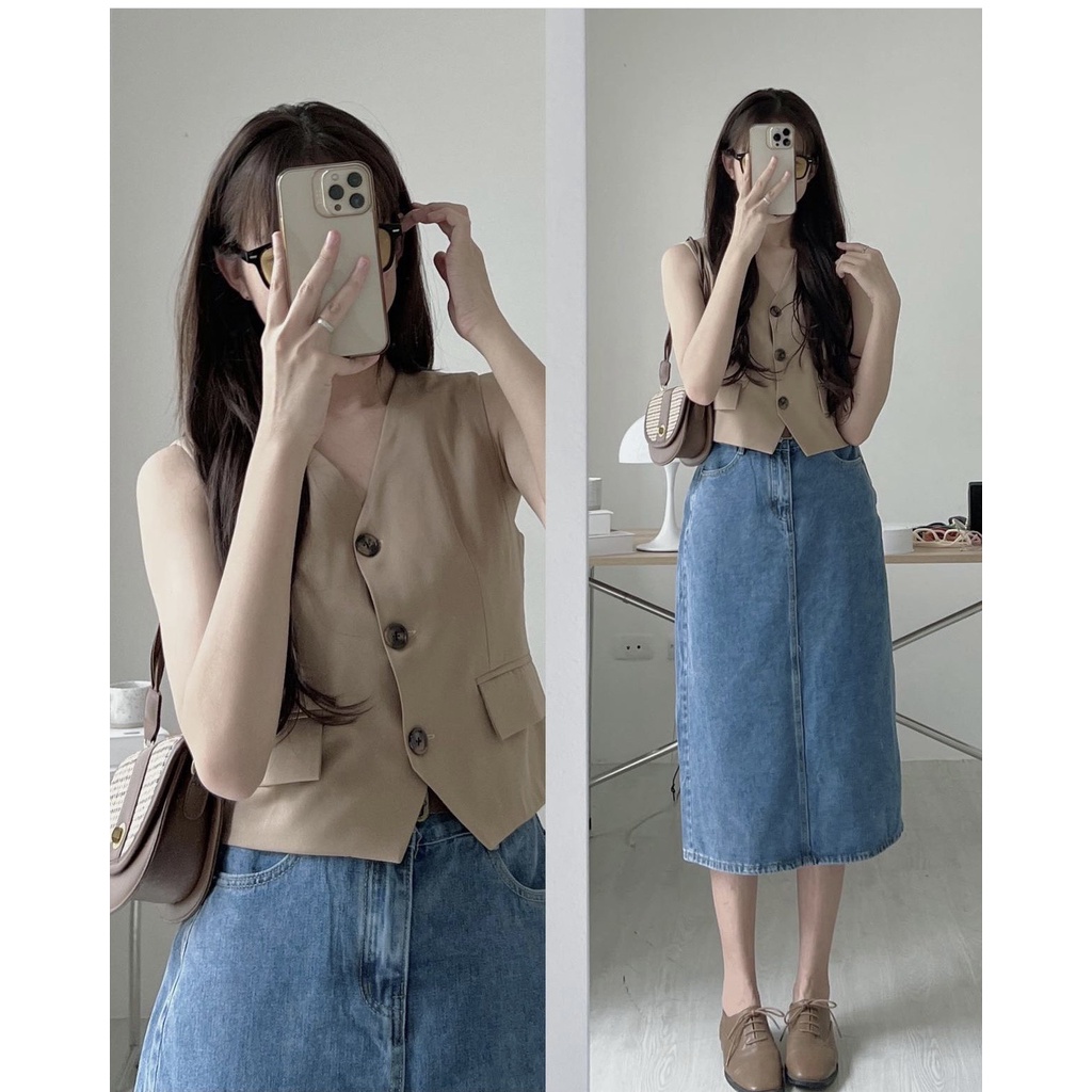 Áo Gile vải cúc đen