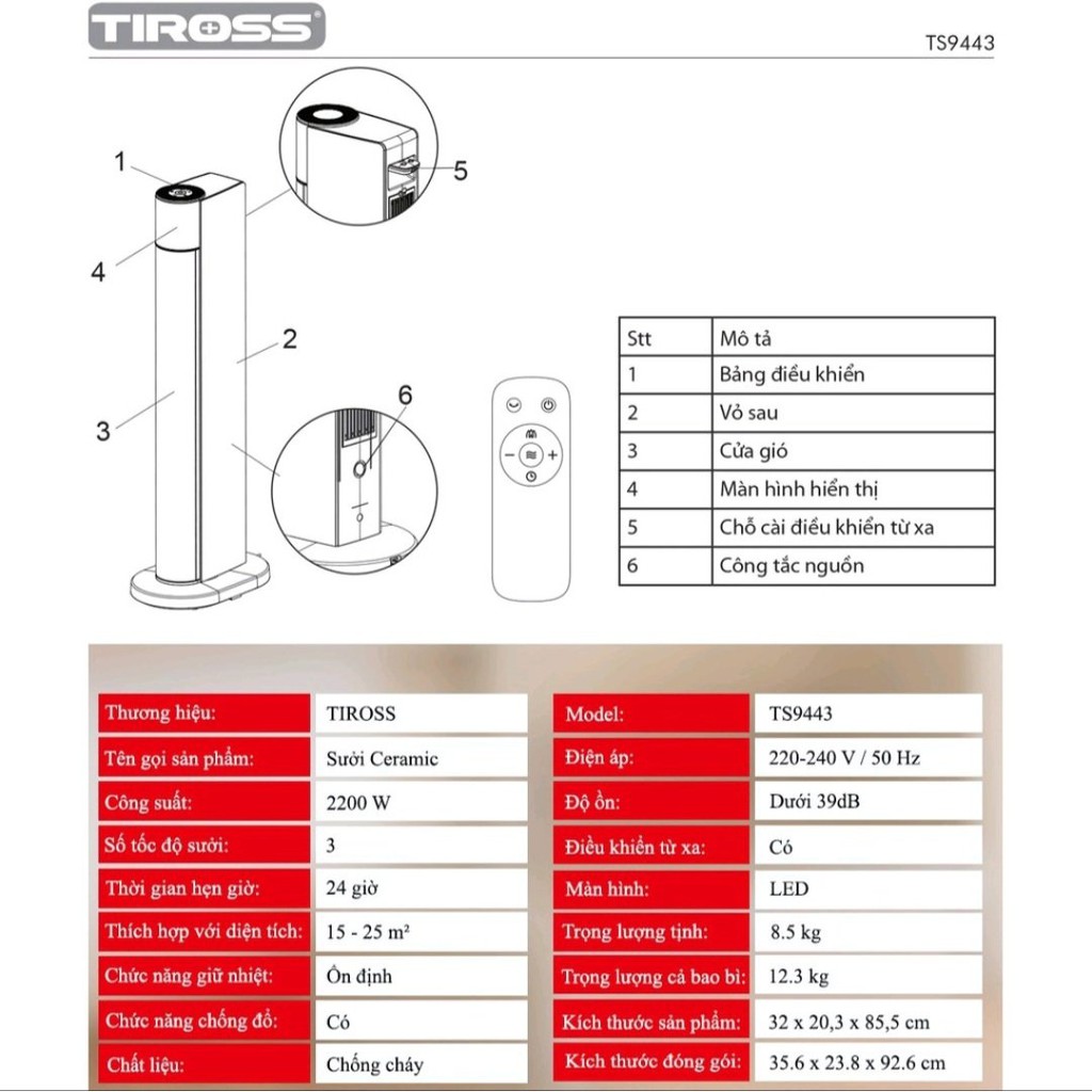 [Mã ELHA22 giảm 5% đơn 300K] [Tiross-Việt Nam] Quạt sưởi Ceramic Tiross TS9443, Sản phẩm chính hãng bảo hành 12 tháng