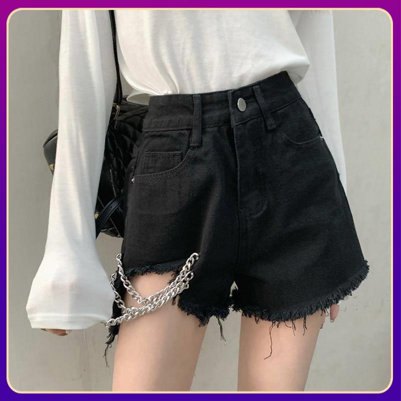 Quần Short Denim Màu Đen Lưng Cao Dáng Rộng Phong Cách Hàn Quốc Thời Trang Mùa Hè 2021 Cho Nữ
