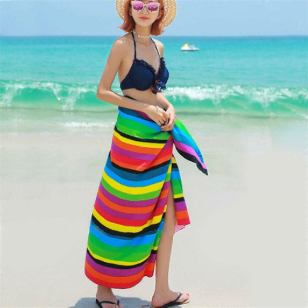Khăn Tắm Đi Biển Cỡ Lớn Siêu Mềm Mại Họa Tiết Kẻ Sọc Cầu Vồng Nhanh Khô