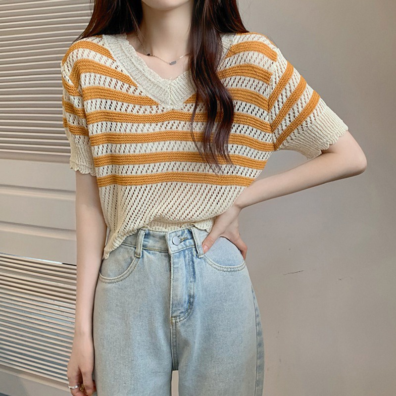 Áo Thun Tay Ngắn Cổ Chữ V Phong Cách Hàn Quốc Cho Nữ