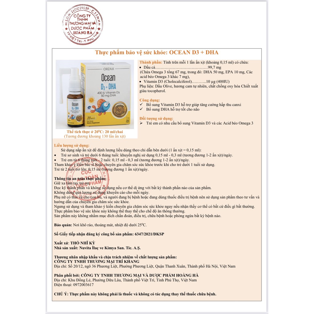Thực phẩm bảo vệ sức khỏe OCEAN D3+DHA bổ sung Vitamin D3 giúp tăng cường hấp thu canxi, bổ sung DHA tốt cho não
