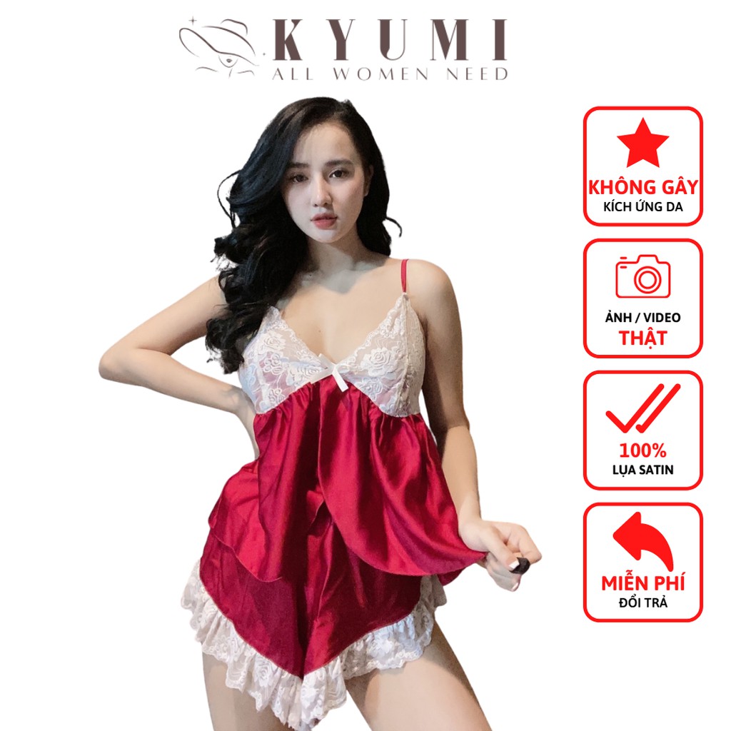 Đồ ngủ sexy đồ ngủ 2 dây phối ren lai cực xinh KYUMI OFFICIAL, chất liệu lụa satin, freesize 40-65kg tùy chiều cao 023