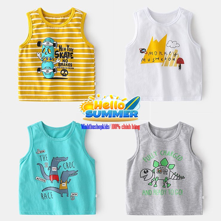 Áo sát nách cho bé WELLKIDS áo thun ba lỗ bé trai họa tiết đáng yêu chất cotton hàng xuất Âu Mỹ