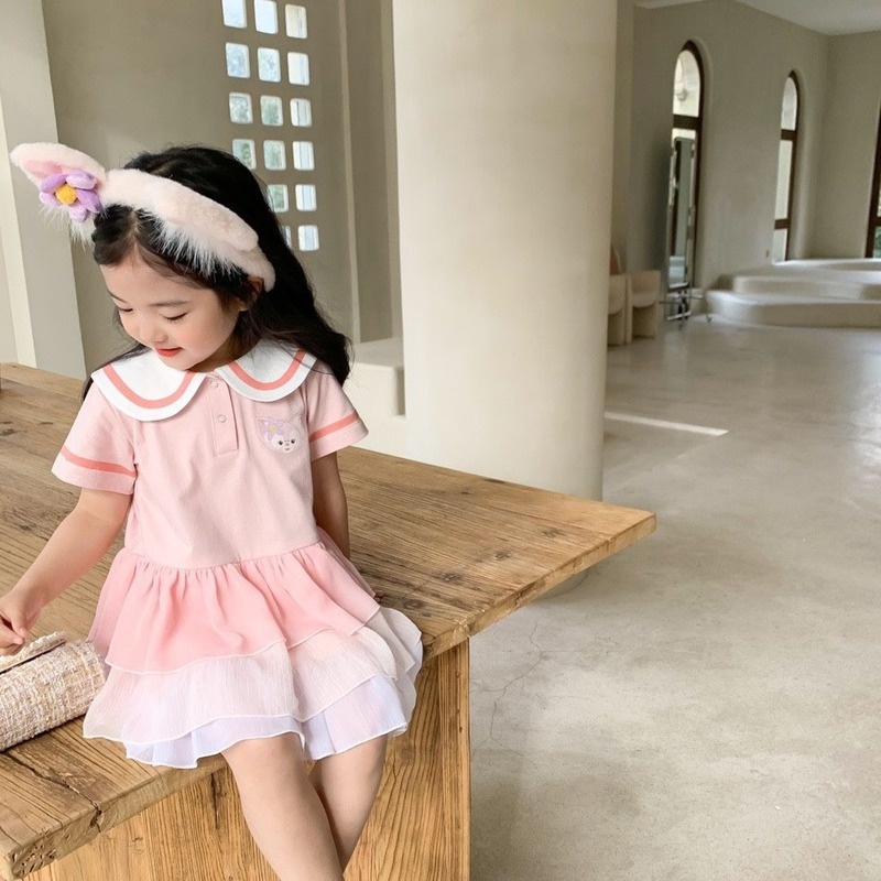 Đầm Tay Ngắn Cổ Búp Bê Màu Hồng Dễ Thương Phong Cách Hàn Quốc Cho Bé Gái