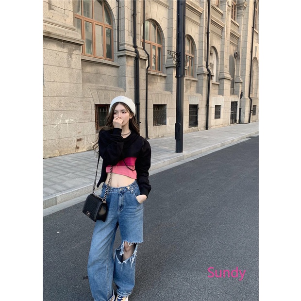 Áo Croptop Tay Dài Màu Sắc Khối Phong Cách Hàn Quốc Độc Đáo Thời Trang Mùa Thu Cho Nữ