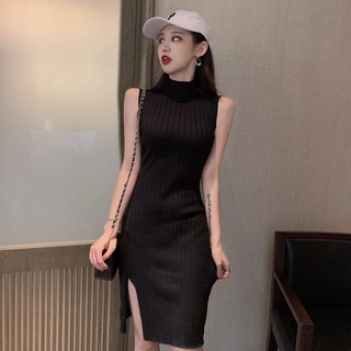 Váy len body cao cổ Đầm len xẻ