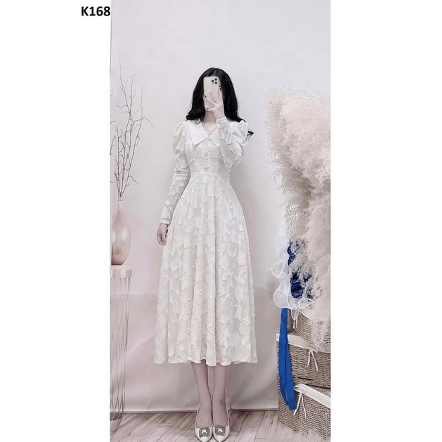 Váy trắng hoa nhí vintage cổ nơ body tay dài ulzzang chun eo , Đầm thiết kế dáng dài | BigBuy360 - bigbuy360.vn