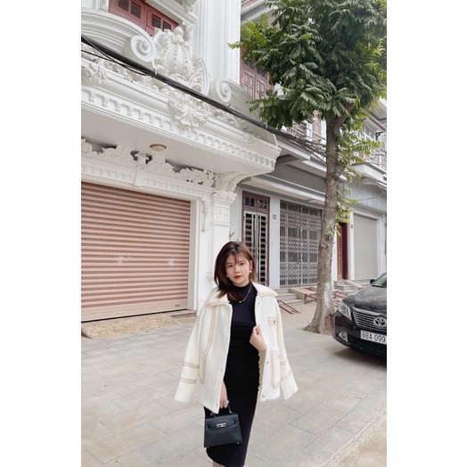 Áo khoác dạ len lông thỏ viền thừng