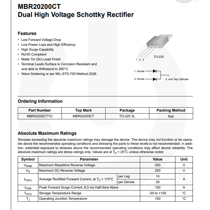 Diode xung đôi Cathode chung MBR20200 MBR20200CT 20A 200V TO-220