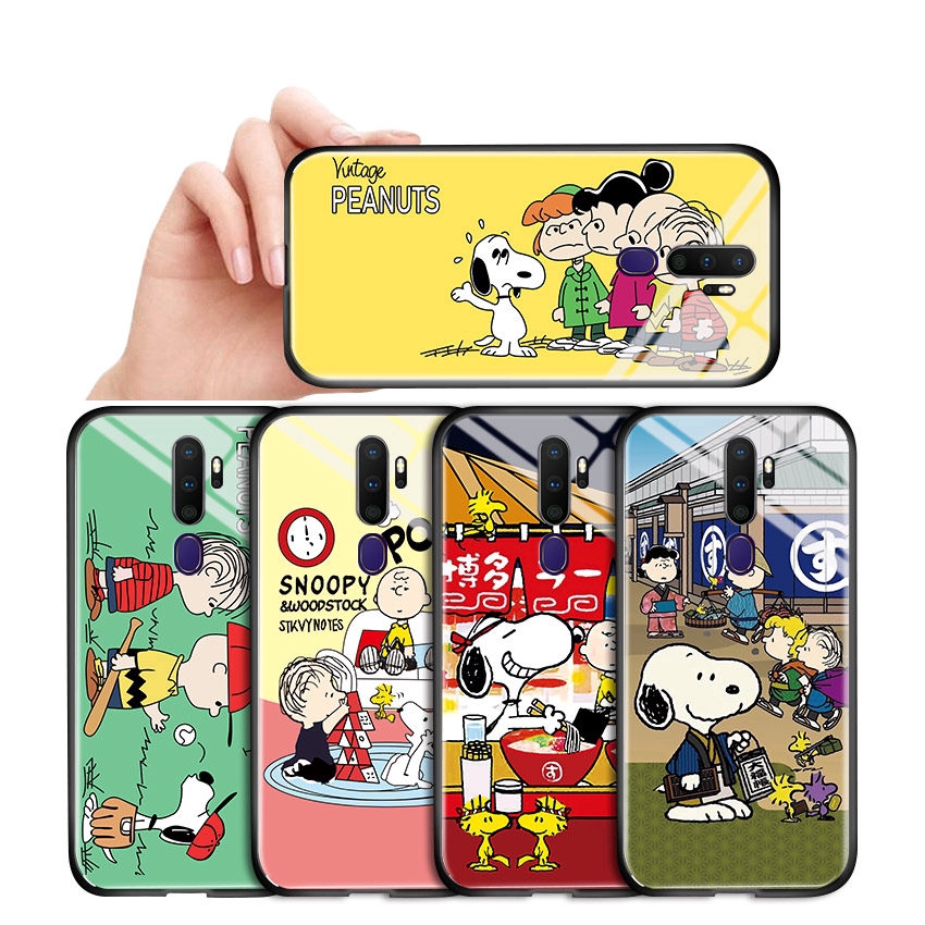 OPPO A9 2020 A5 2020 A92 A52 A92 A52S A71 A71K A31 A73 A75 A75s A83 A91 Phone Case Peanuts Anime Charlie Brown Snoopy Cute Cartoon Casing for Glossy Tempered Glass Back Hard Cover Shockproof Cases Ốp điện thoại kính cường lực In Hình cứng Ốp lưng cho