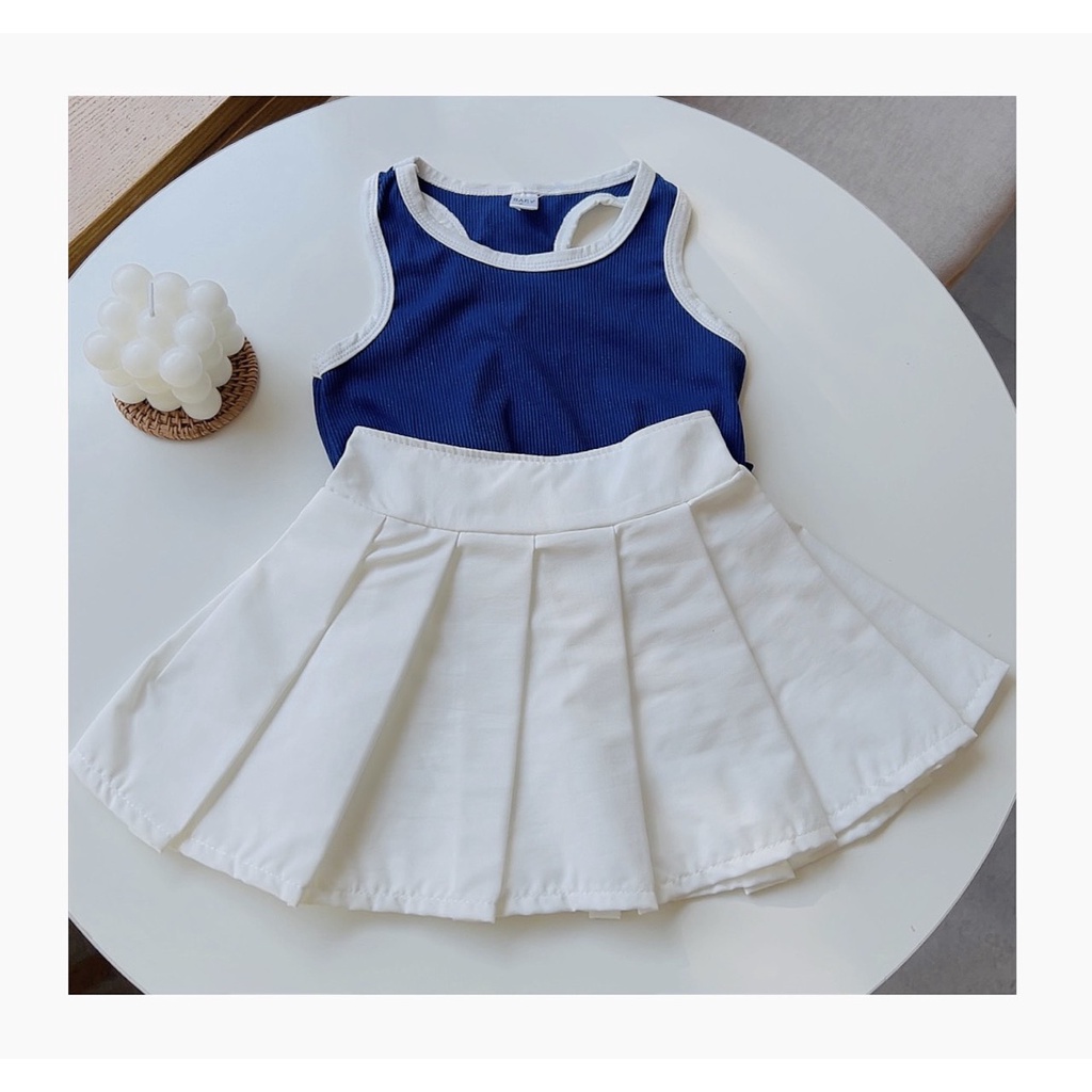 Sét váy xếp ly kèm áo ba lỗ cho bé gái, set áo tăm lạnh 3 lỗ kèm chân váy trắng xếp ly ( quần lót trong) cho bé